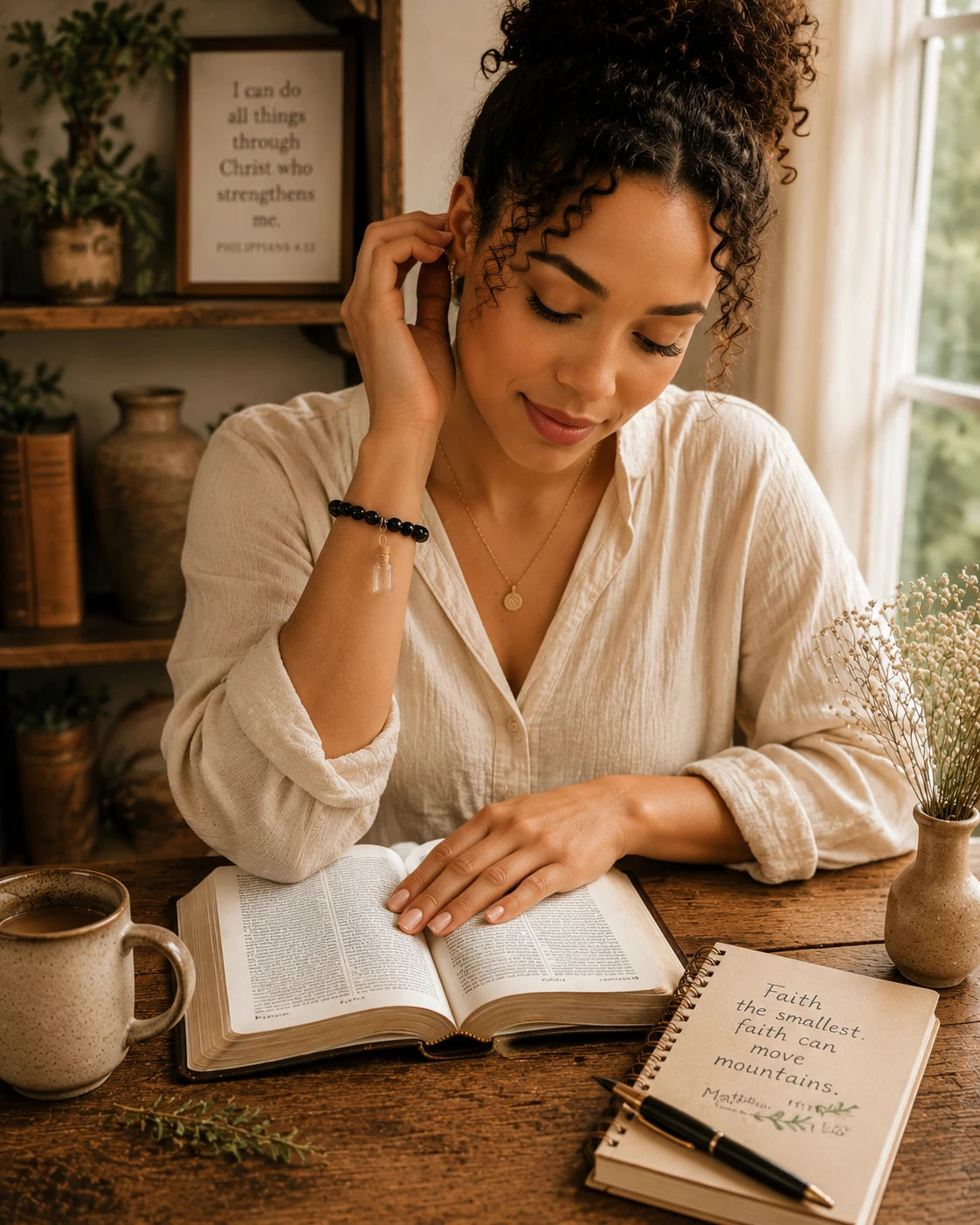 A woman reading her Bible while wearing a Seed to Soul black obsidian mustard seed bracelet