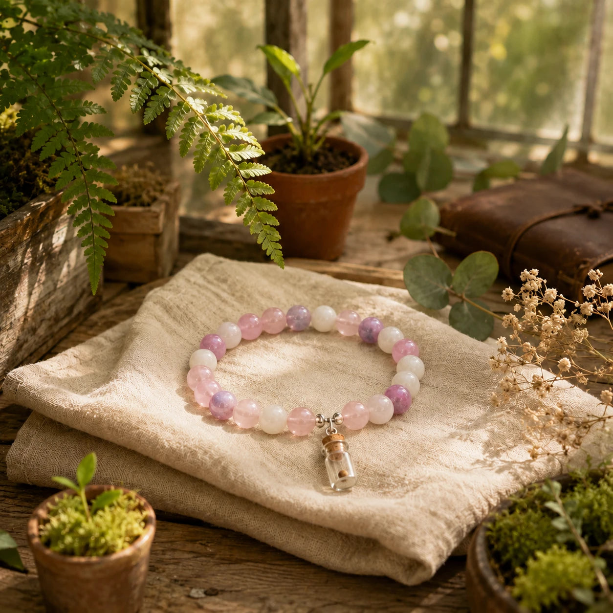 A rose quartz and lavender bead bracelet with a mustard seed charm, resting on linen in a sunlit greenhouse